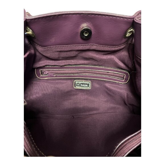 Strada Purple Faux Leather Shoulder Bag Tote – Silver Logo Plate Satchel Handbag - Picture 7 of 8